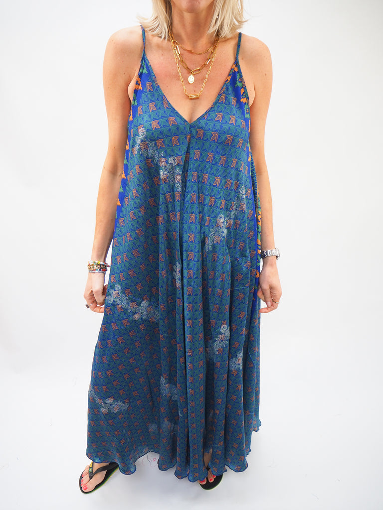 Blues Embellished Print Repurposed Sari Silk Sundress