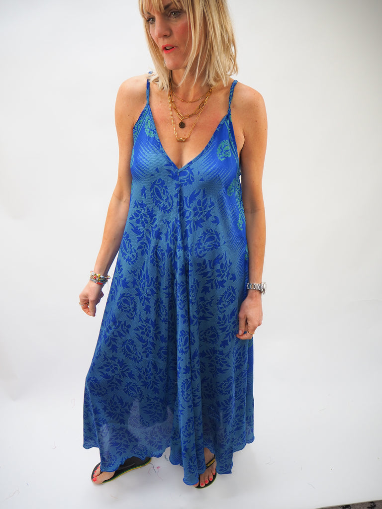 Blues Print Repurposed Sari Silk Sundress