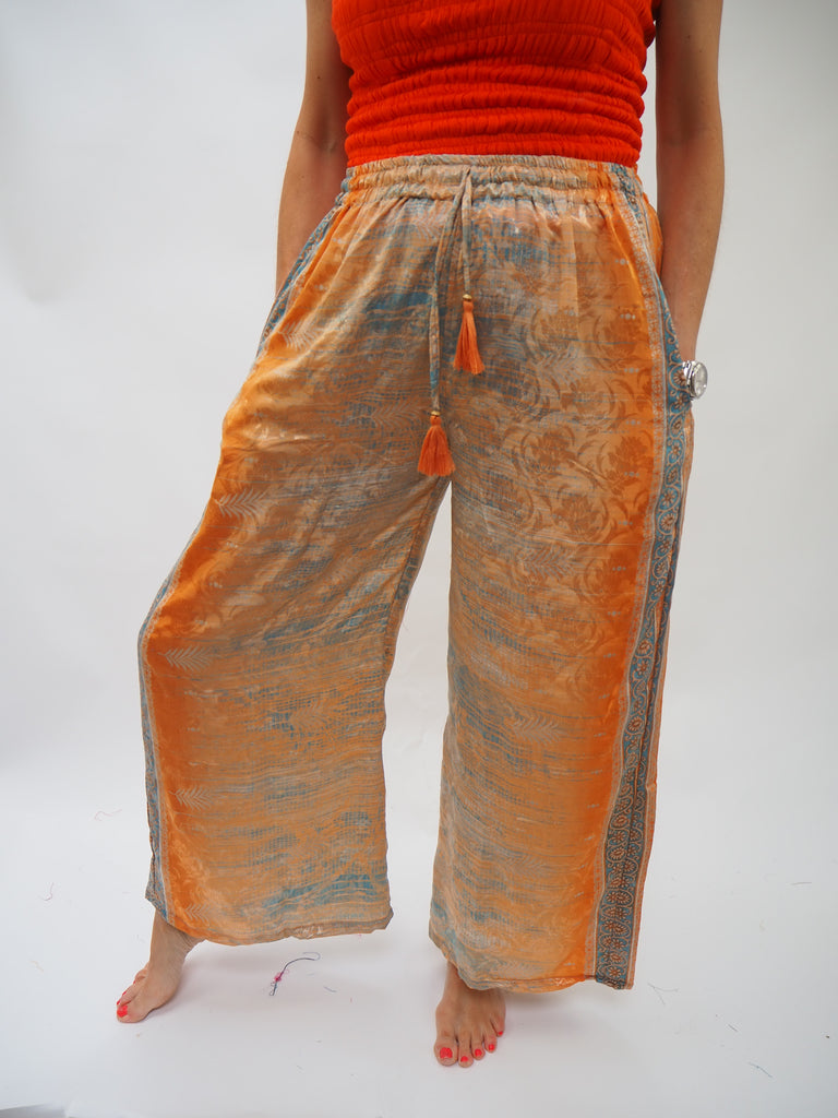 Orange Print Repurposed Sari Silk Drawstring Trousers 