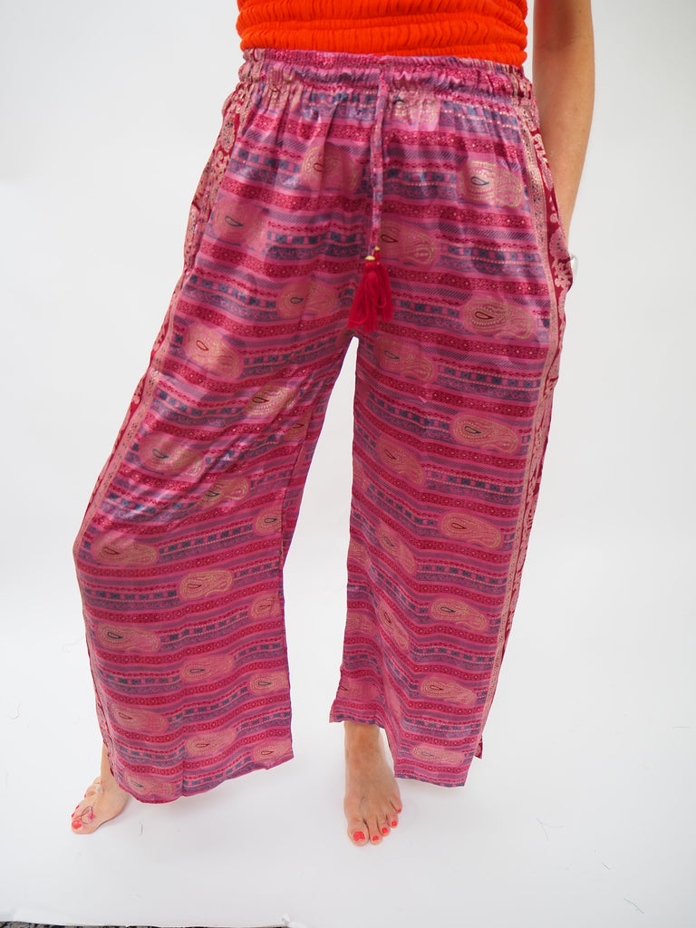 Pink Print Repurposed Sari Silk Drawstring Trousers 