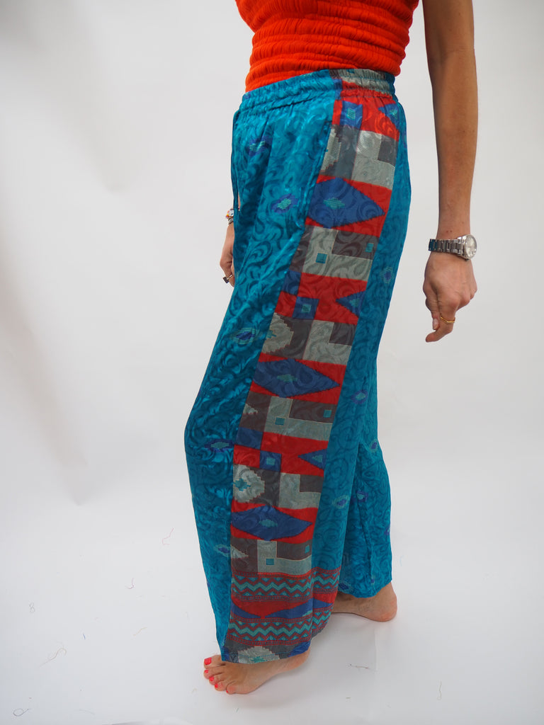 Blue Side Stripe Repurposed Sari Silk Drawstring Trousers
