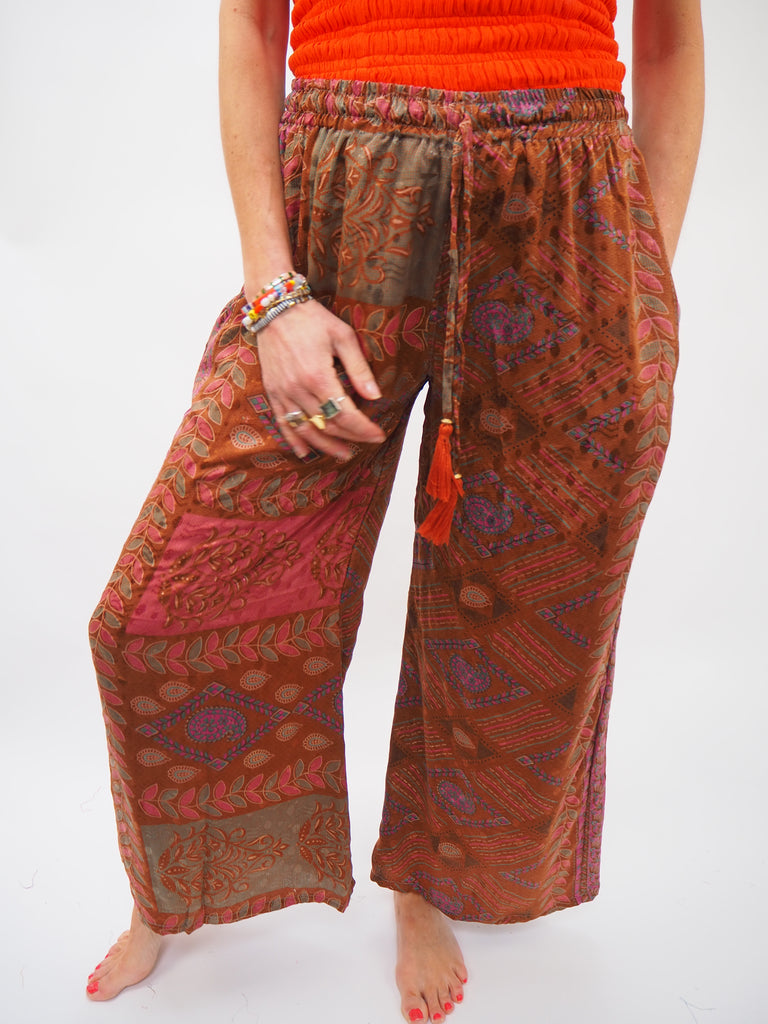 Brown and Red Print Repurposed Sari Silk Drawstring Trousers 