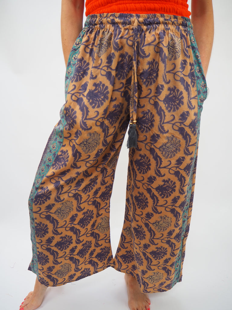 Vintage Floral Print Repurposed Sari Silk Drawstring Trousers