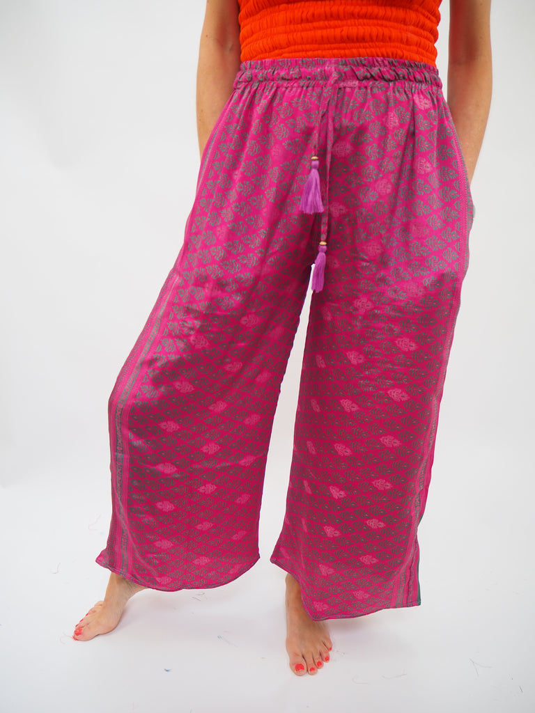 Pink Print Repurposed Sari Silk Drawstring Trousers 