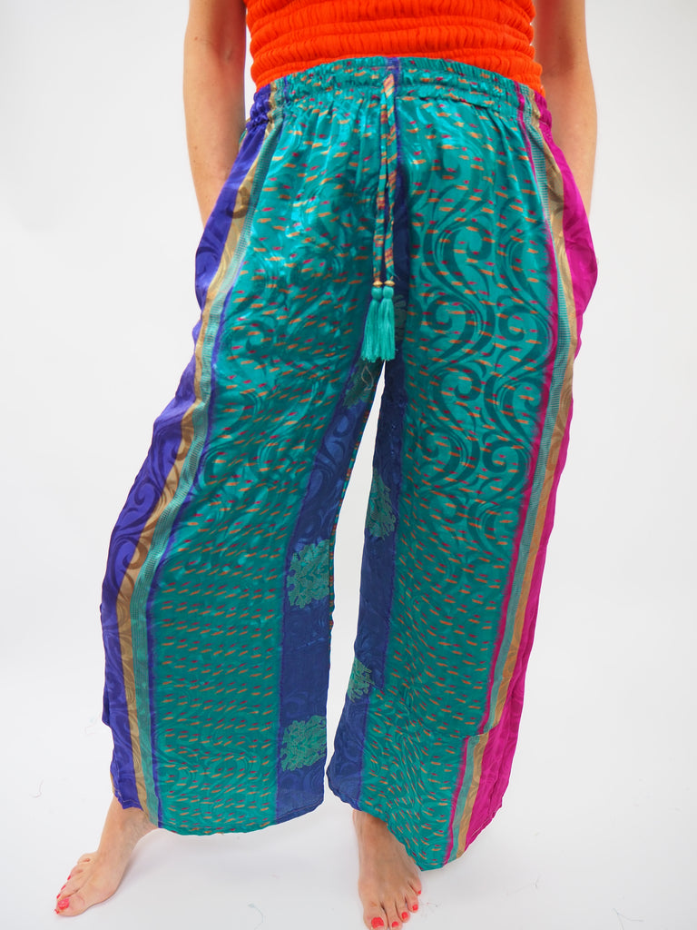 Teal Side Stripe Print Repurposed Sari Silk Drawstring Trousers