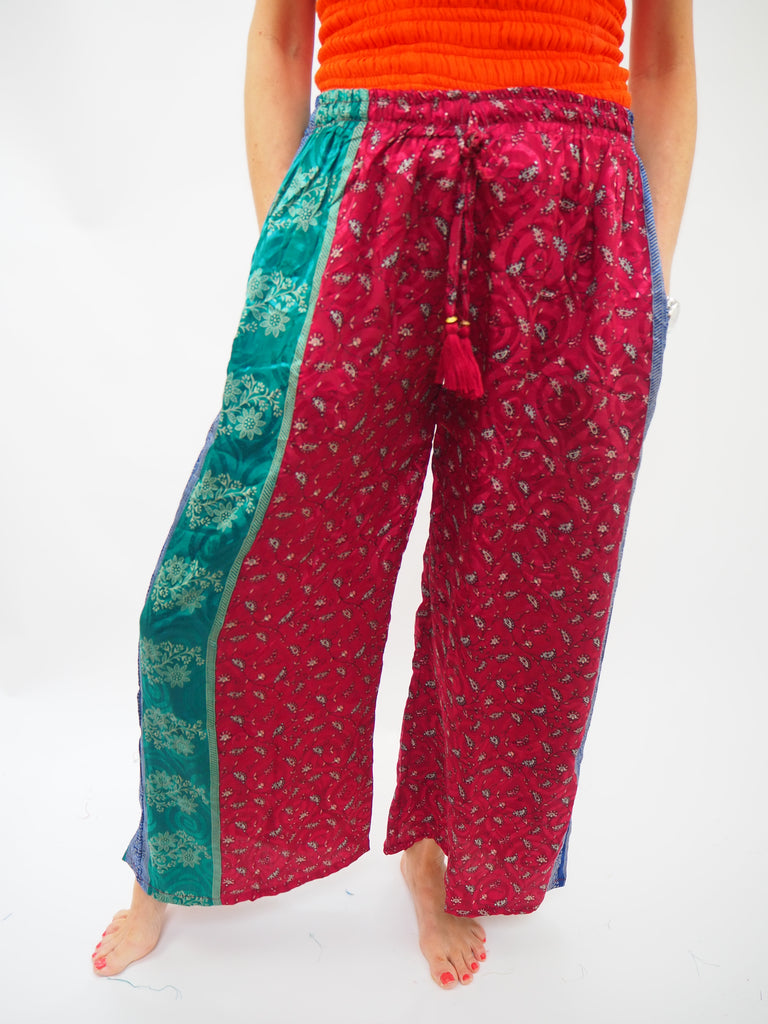 Red Micro Print Side Stripe Repurposed Sari Silk Drawstring Trousers