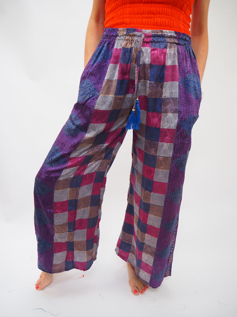 Blue Check Print Repurposed Sari Silk Drawstring Trousers