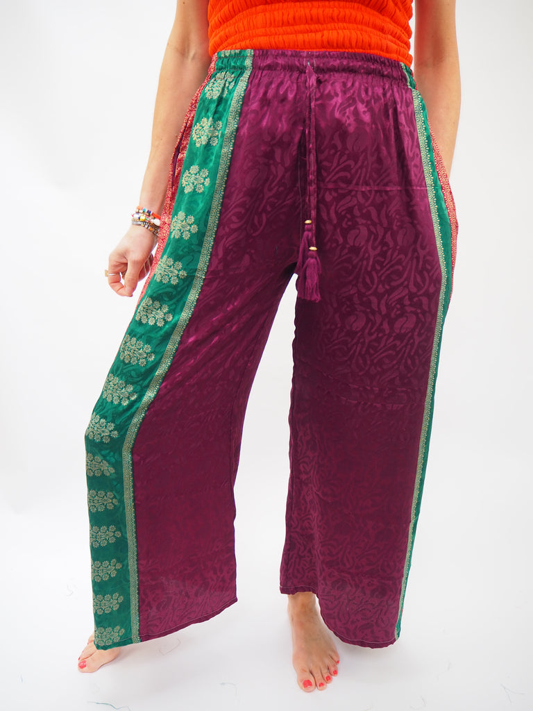 Berry Side Stripe Repurposed Sari Silk Drawstring Trousers
