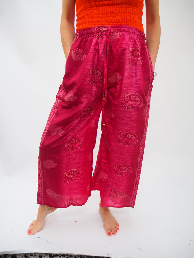 Pink Paisley Repurposed Sari Silk Drawstring Trousers