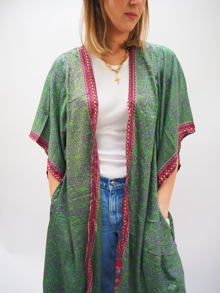 Green and Purple Print Recycled Sari Silk Kimono