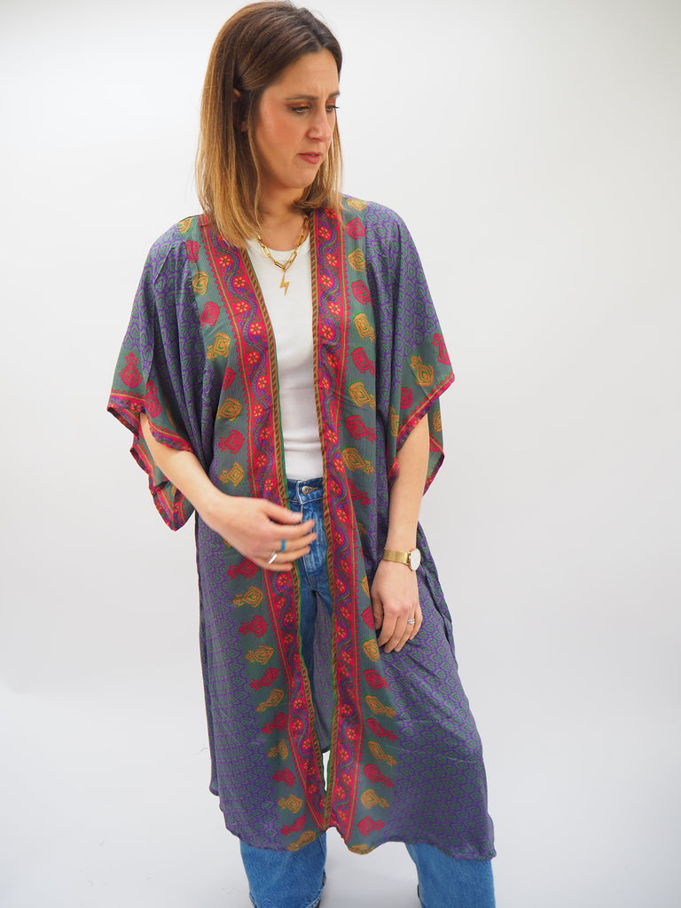 Green and Purple Border Print Recycled Sari Silk Kimono