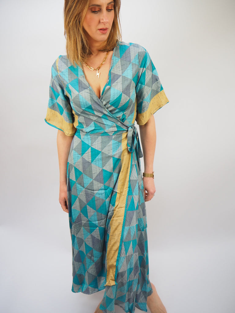 Turquoise Geo Print Recycled Sari Silk Wrap Dress
