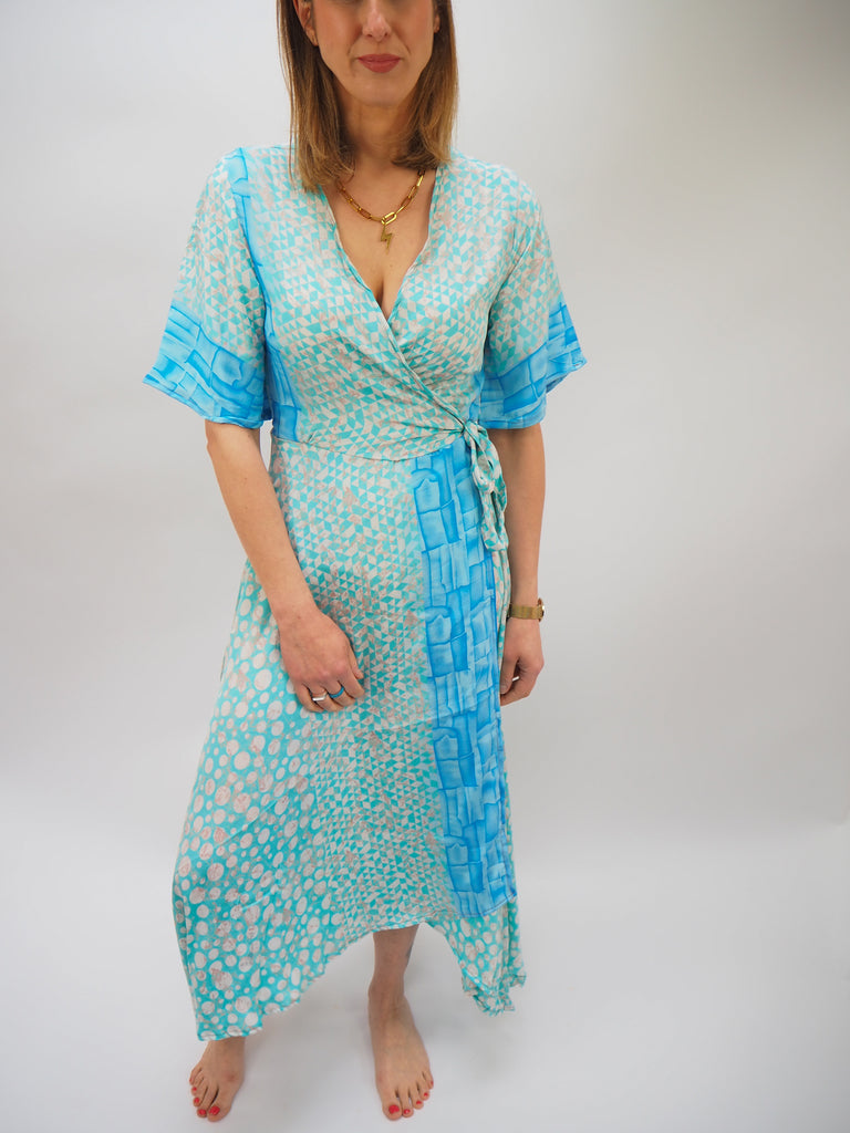 Pale Blue Mixed Print Repurposed Sari Silk Wrap Dress