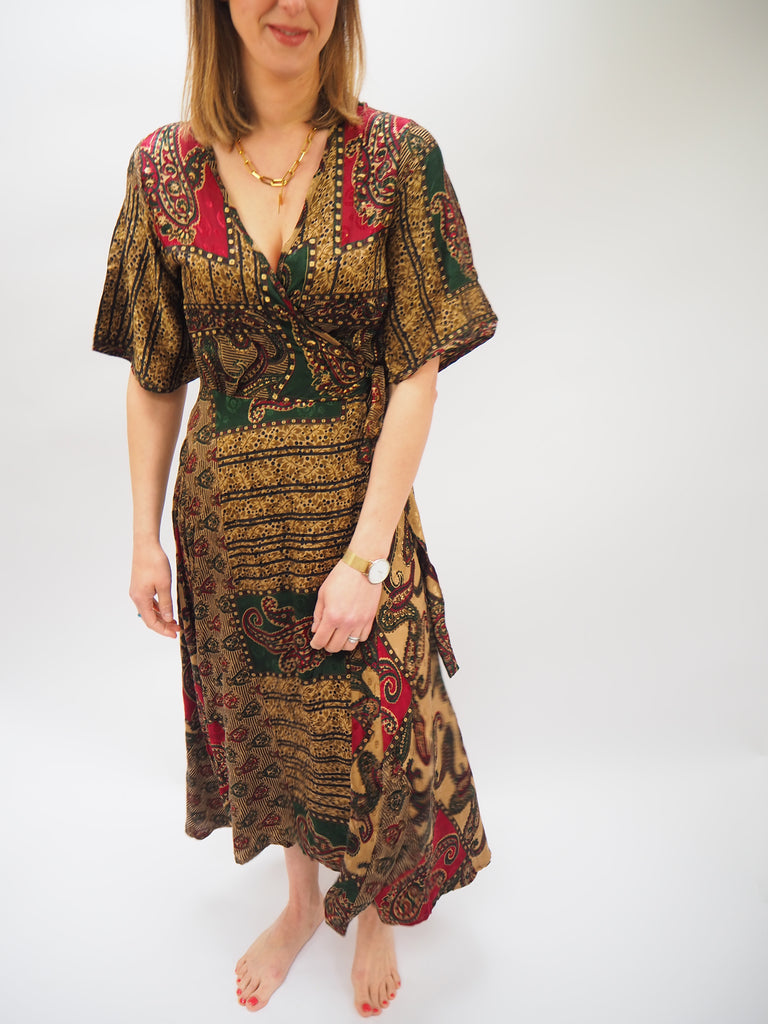 Mixed Paisley Print Repurposed Sari Silk Wrap Dress