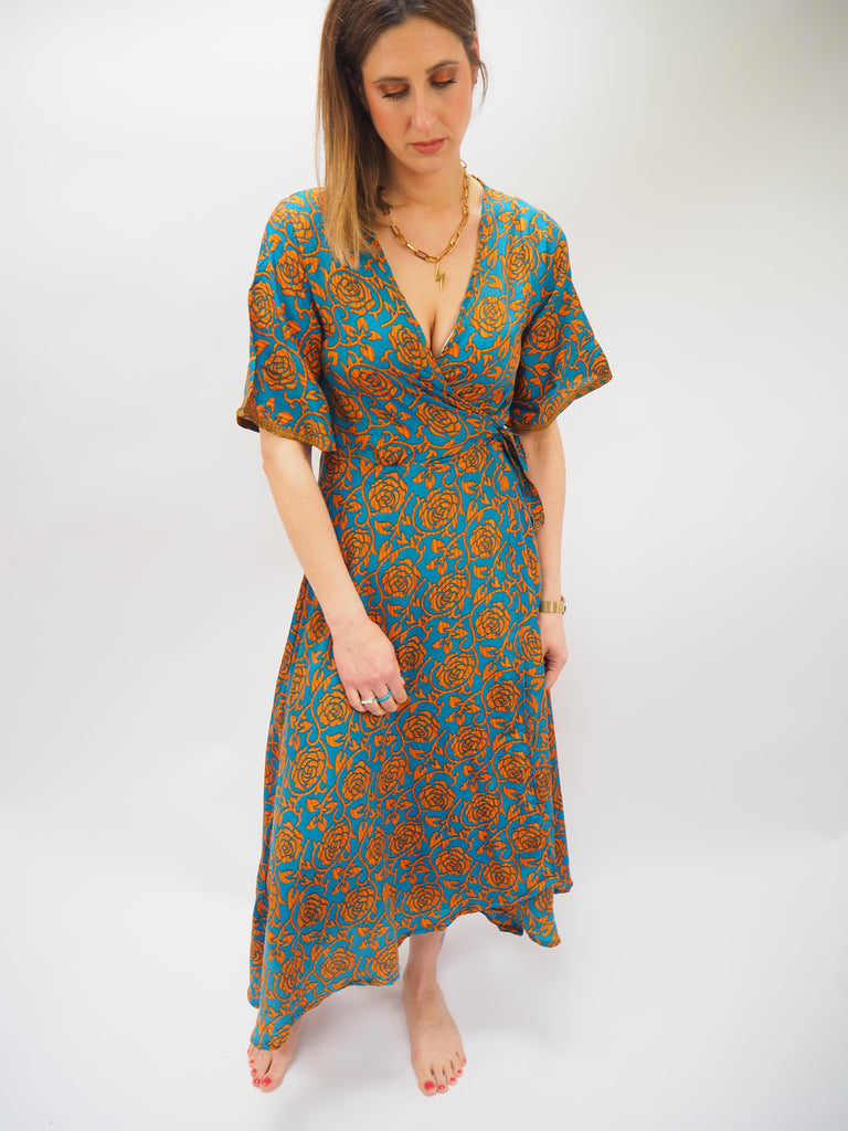 Blue and Orange Floral Print Repurposed Sari Silk Wrap Dress