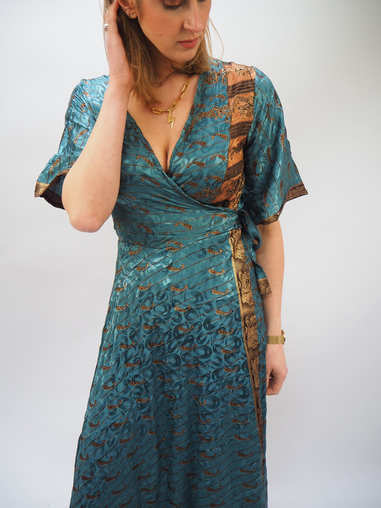 Blues and Neutral Print Repurposed Sari Silk Wrap Dress