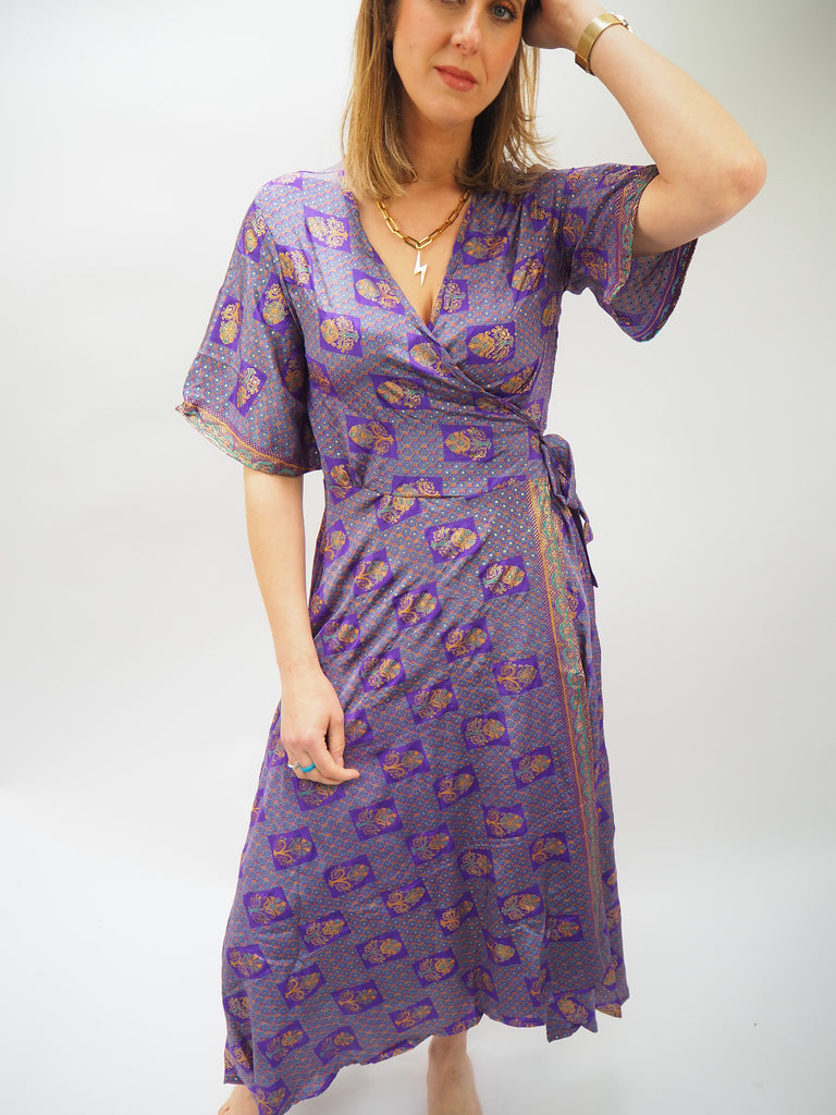 Purple Print Repurposed Sari Silk Wrap Dress