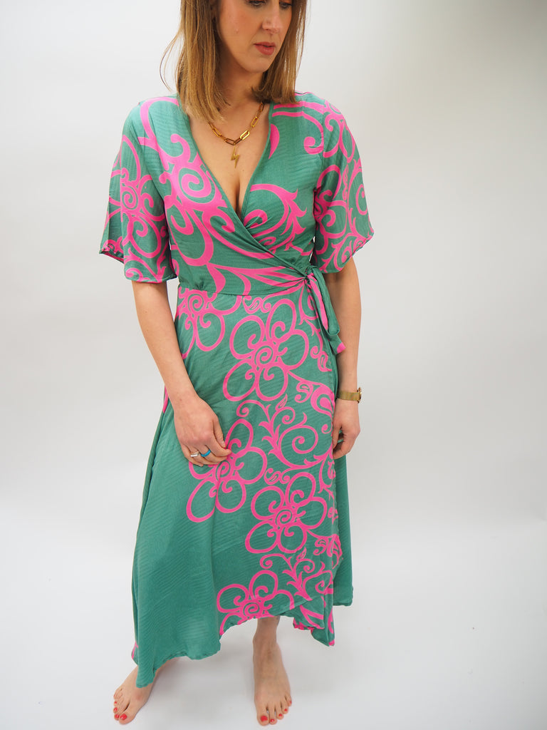 Green and Pink Print Repurposed Sari Silk Wrap Dress