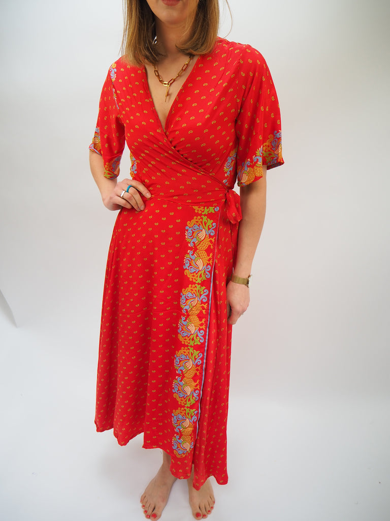 Red Border Print Repurposed Sari Silk Wrap Dress