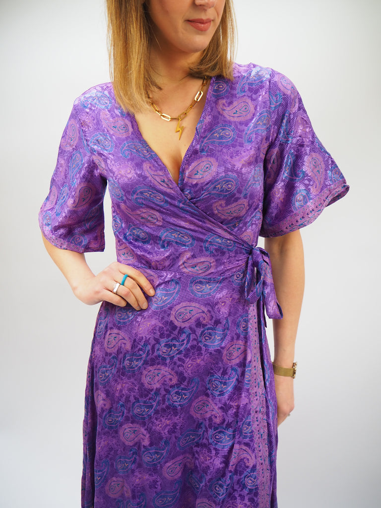 Purple Paisley Print Repurposed Sari Silk Wrap Dress