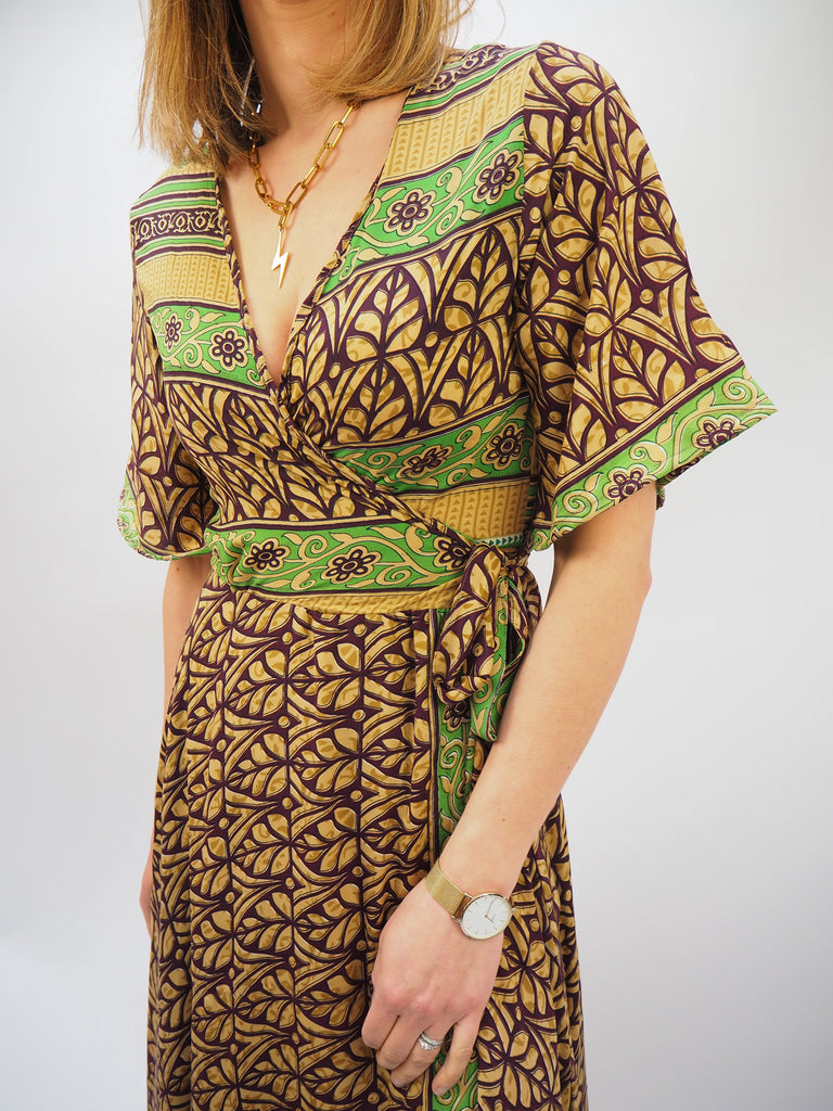 Green Border Print Repurposed Sari Silk Wrap Dress