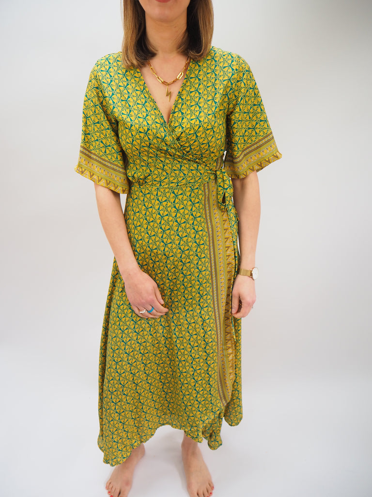 Green and Yellow Print Repurposed Sari Silk Wrap Dress