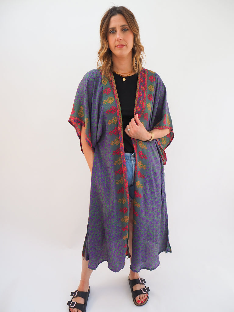 Blues Border Print Recycled Sari Silk Kimono