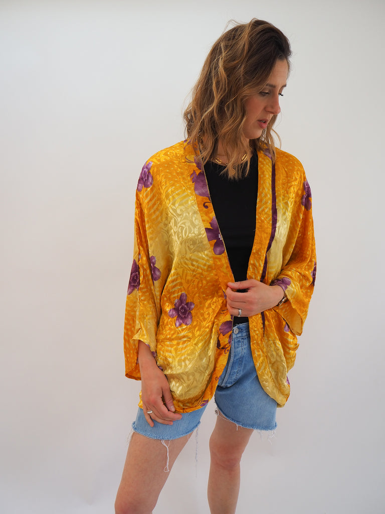 Yellow Print Repurposed Sari Silk Short Kimono