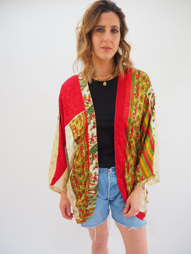 Red Mixed Print Repurposed Sari Silk Short Kimono