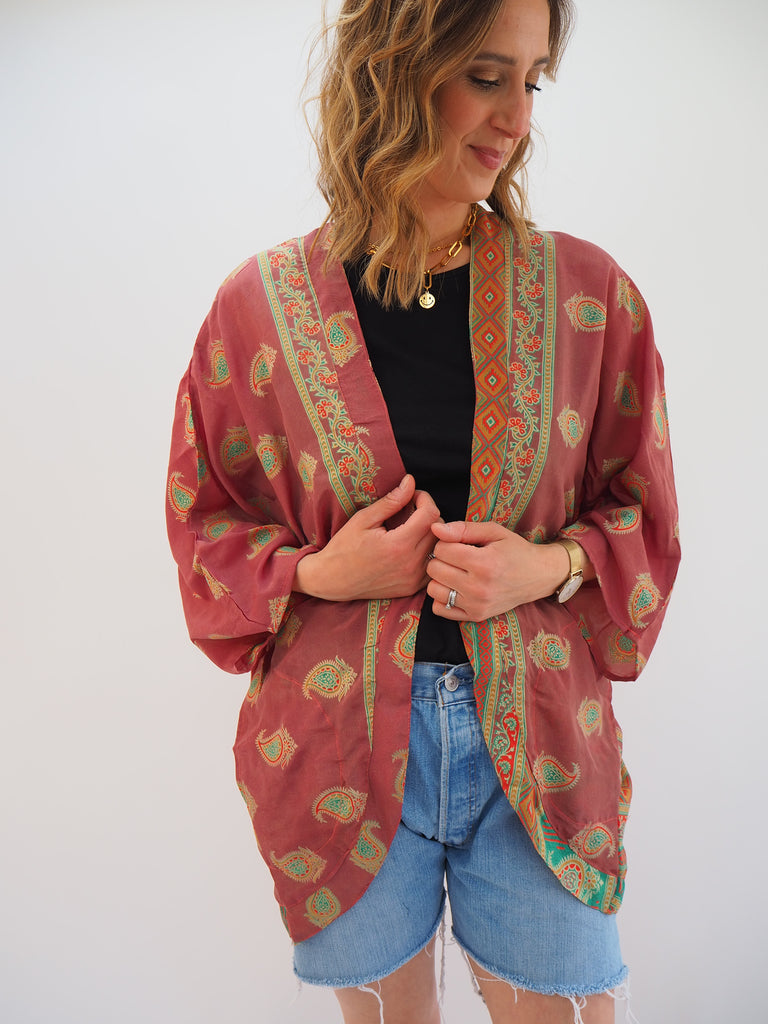 Brown Border Print Repurposed Sari Silk Short Kimono