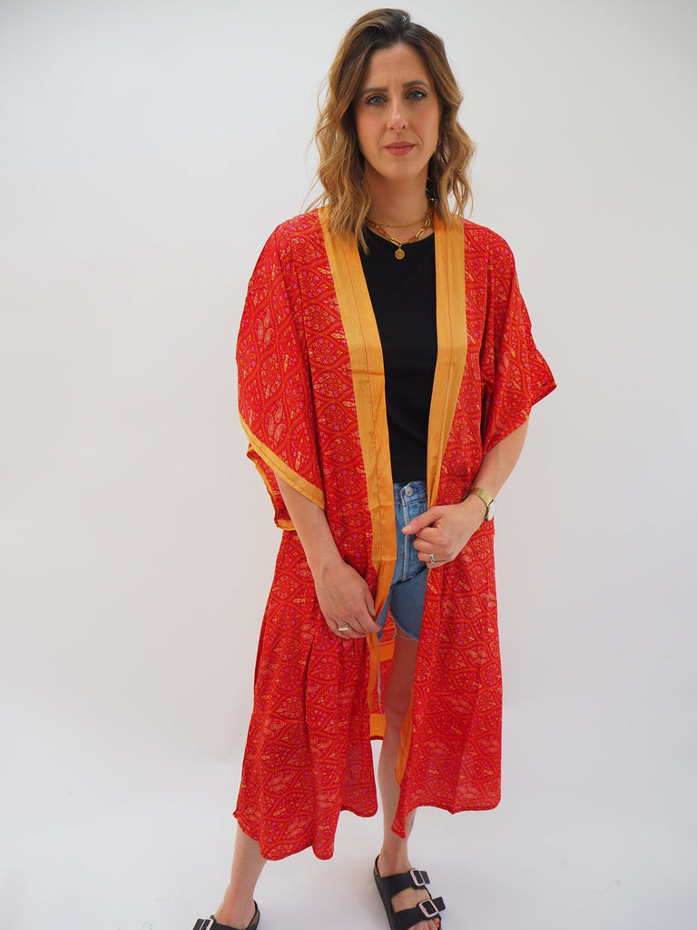 Red and Orange Print Recycled Sari Silk Kimono