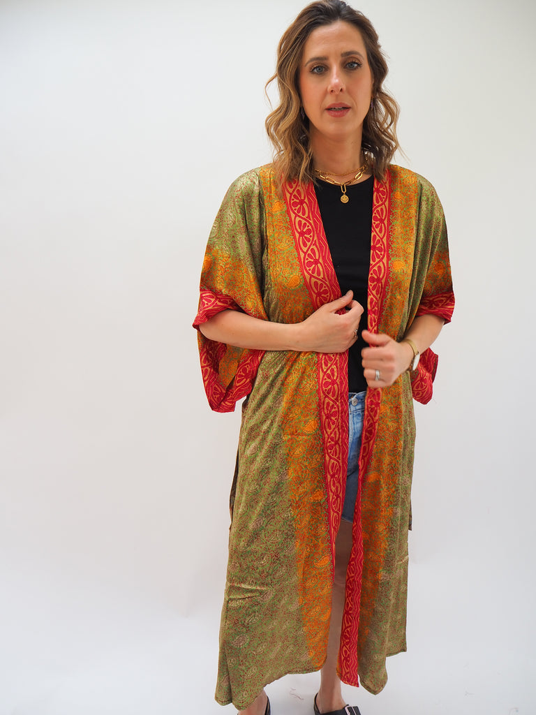 Red Ombre Print Recycled Sari Silk Kimono