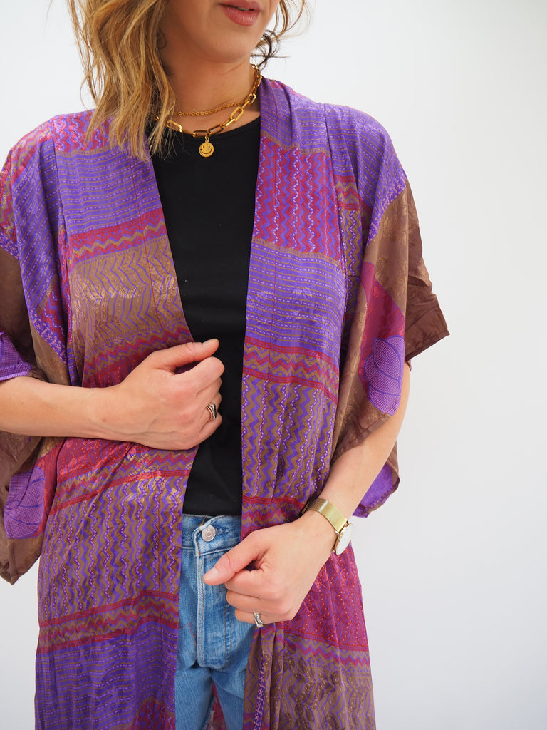 Purple Print Recycled Sari Silk Kimono
