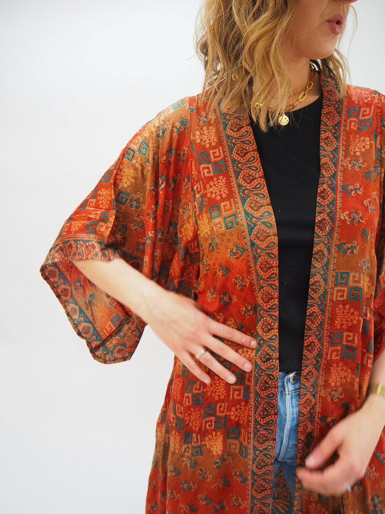 Red and Orange Print Recycled Sari Silk Kimono