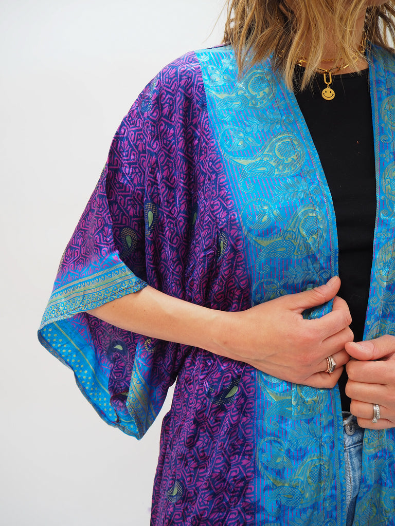 Purple and Blue Border Print Recycled Sari Silk Kimono