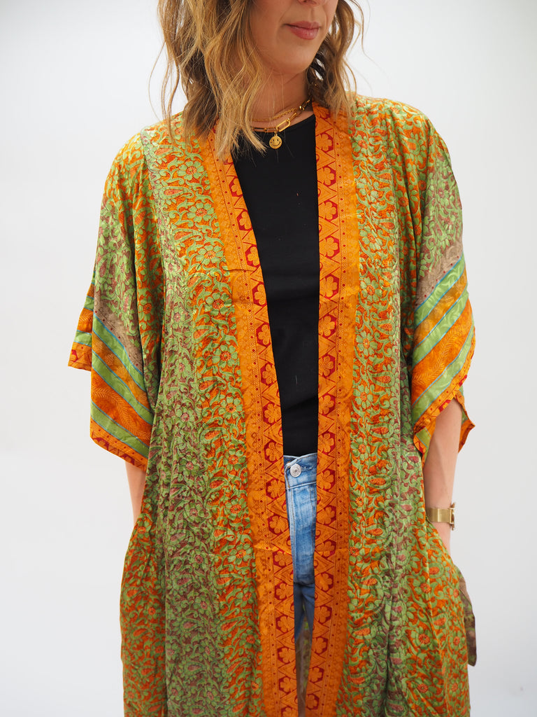 Green and Orange Print Recycled Sari Silk Kimono