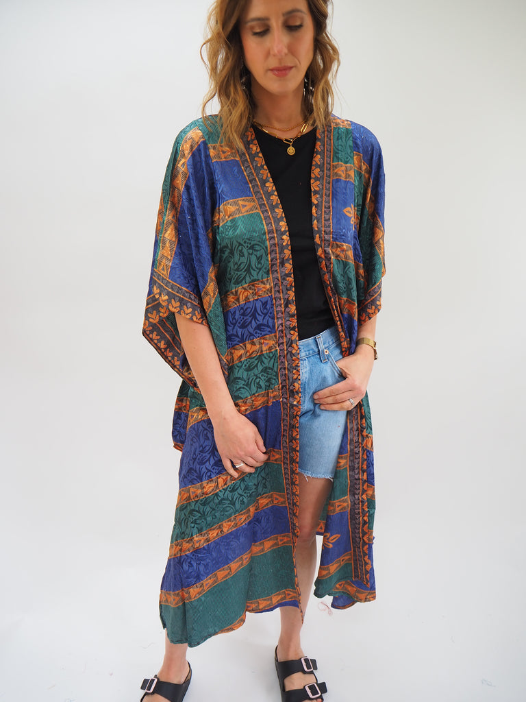 Blue and Green Print Recycled Sari Silk Kimono