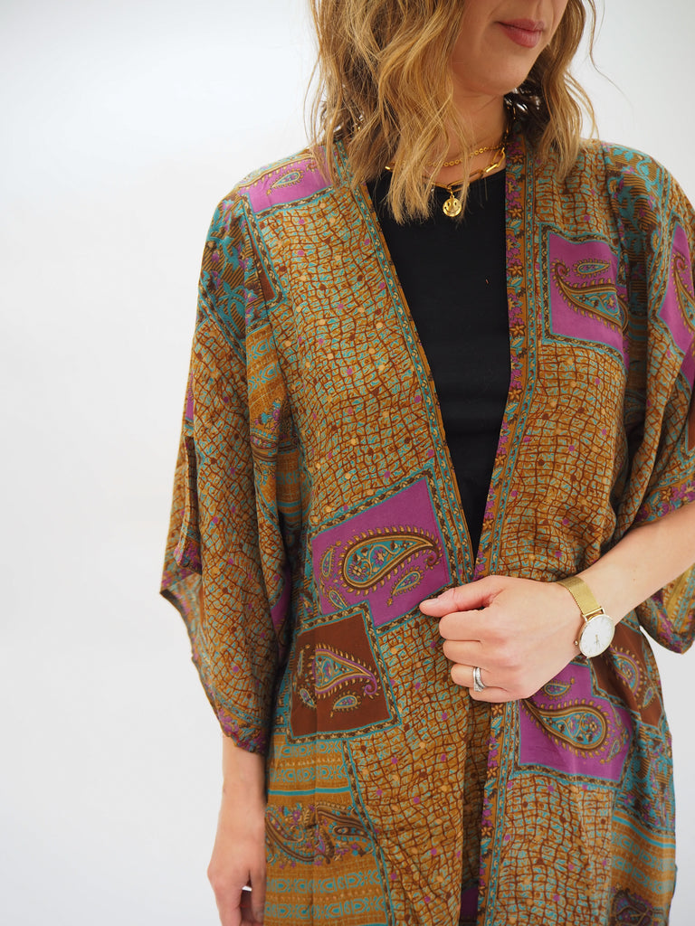 Paisley Mixed Print Recycled Sari Silk Kimono