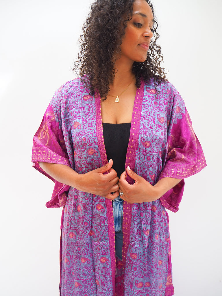 Purple and Pink Print Recycled Sari Silk Kimono