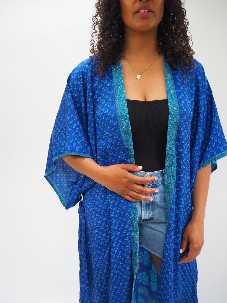 Blue Border Print Recycled Sari Silk Kimono