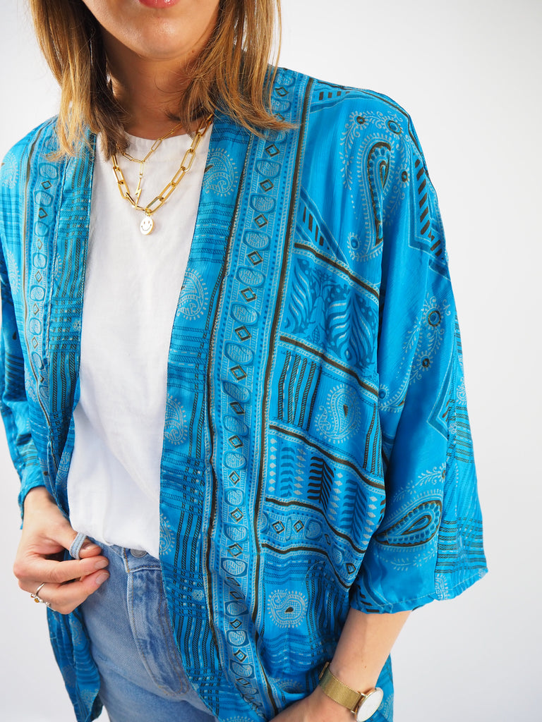 Blues Mixed Print Repurposed Sari Silk Short Kimono