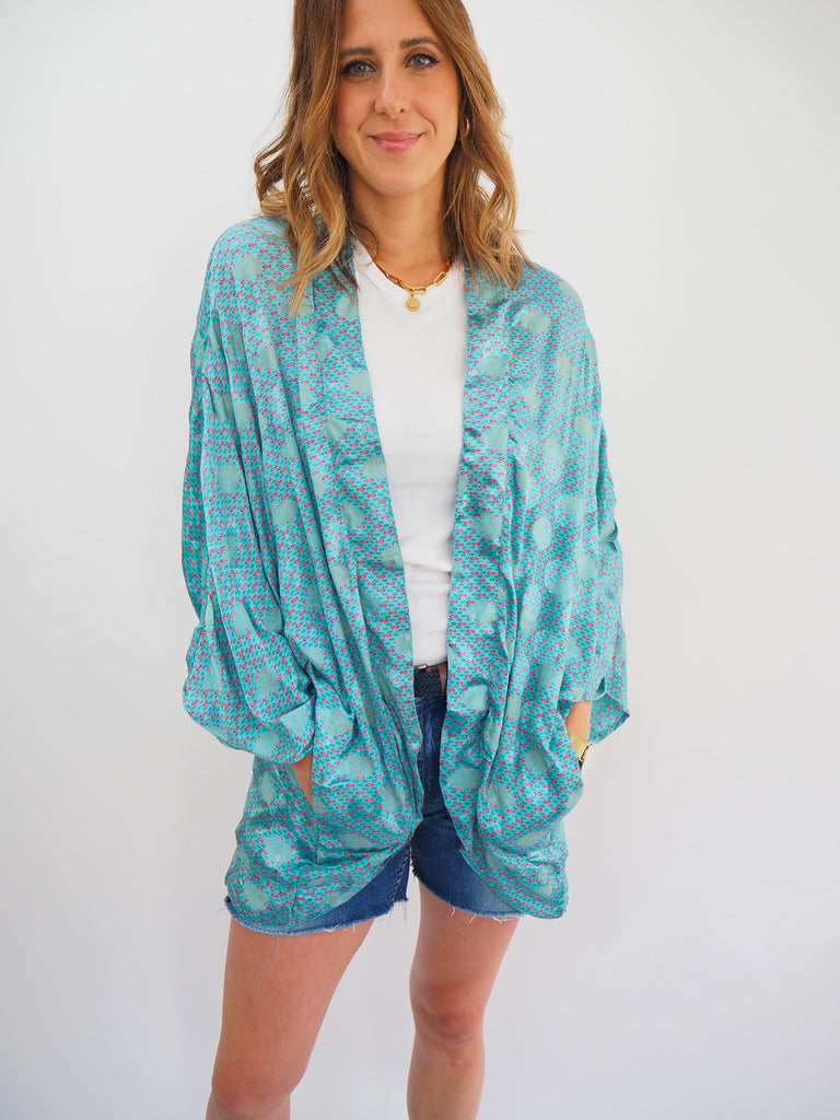 Turquoise Textured Print Repurposed Sari Silk Short Kimono