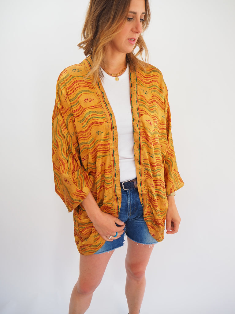 Golden Yellow Print Repurposed Sari Silk Short Kimono