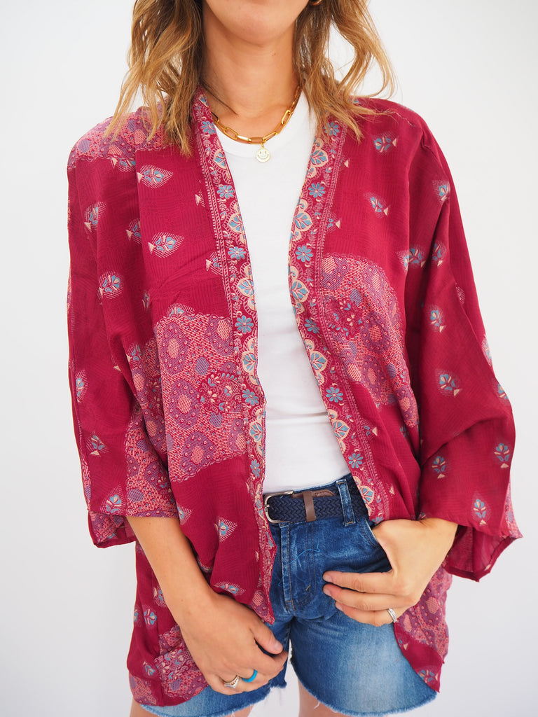 Berry Print Repurposed Sari Silk Short Kimono