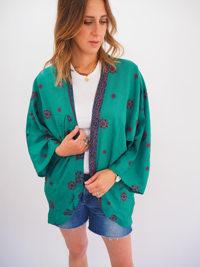 Green Bold Print Repurposed Sari Silk Short Kimono