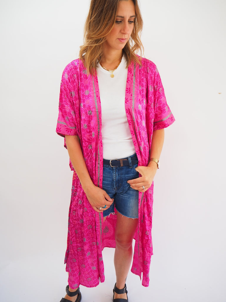 Hot Pink Print Recycled Sari Silk Kimono