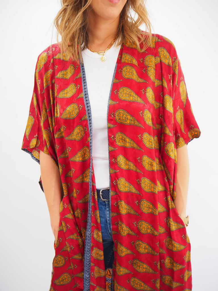 Red Paisley Print Repurposed Sari Silk Kimono
