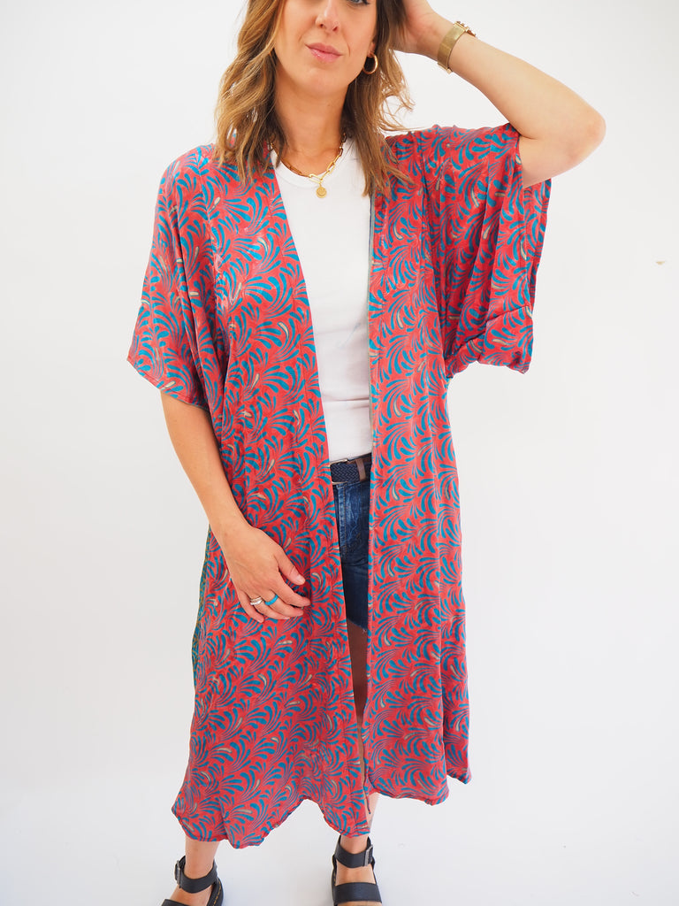 Pink and Blue Print Repurposed Sari Silk Kimono
