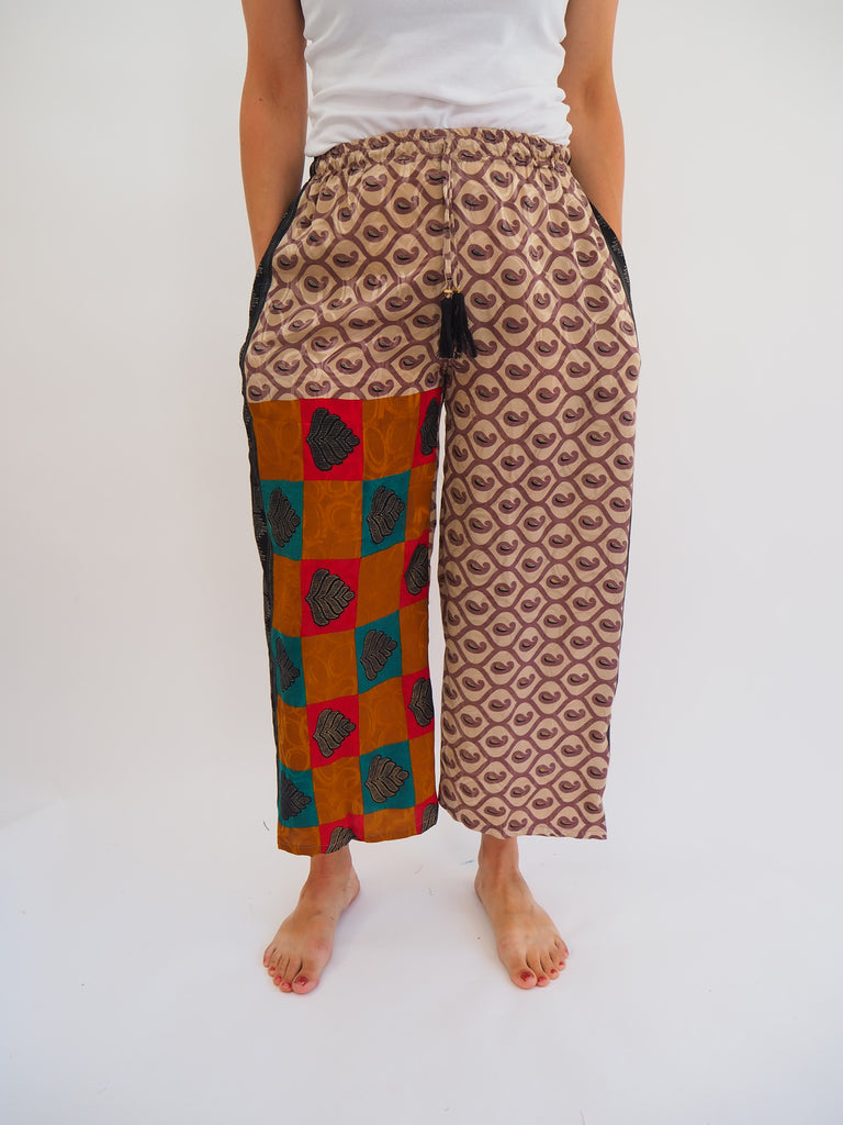 Neutral Mixed Print Repurposed Sari Silk Drawstring Trousers