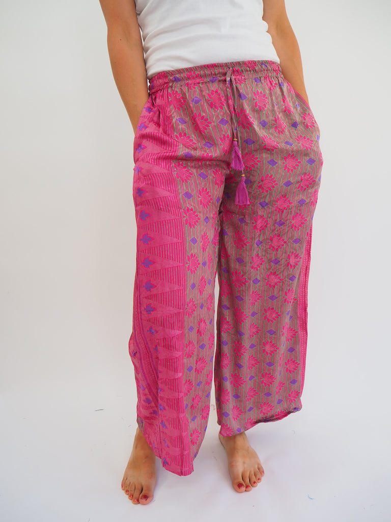 Pink Print Repurposed Sari Silk Drawstring Trousers